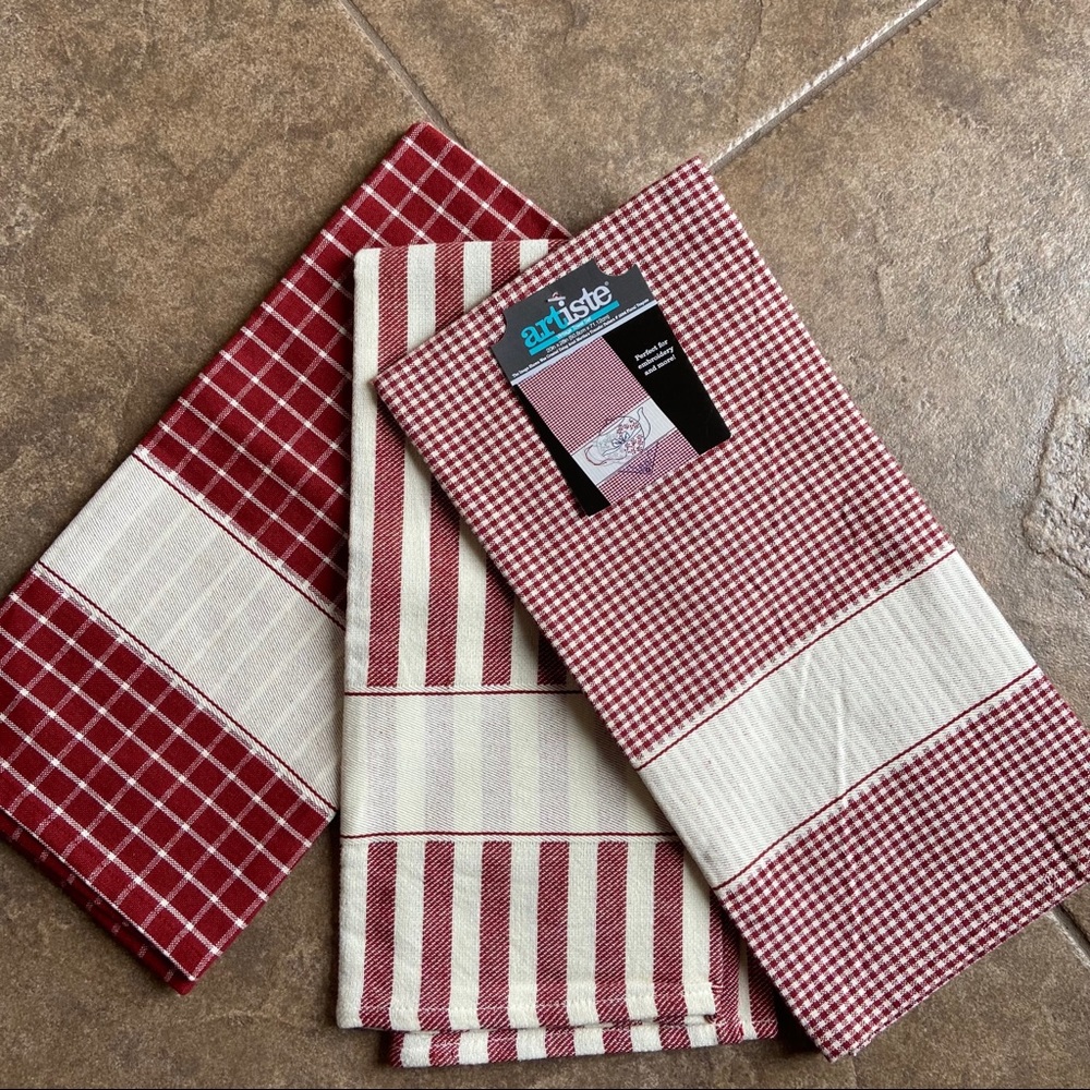 NWT - 3 - Kitchen Towels  Red & White - for Embroidery or Just as is